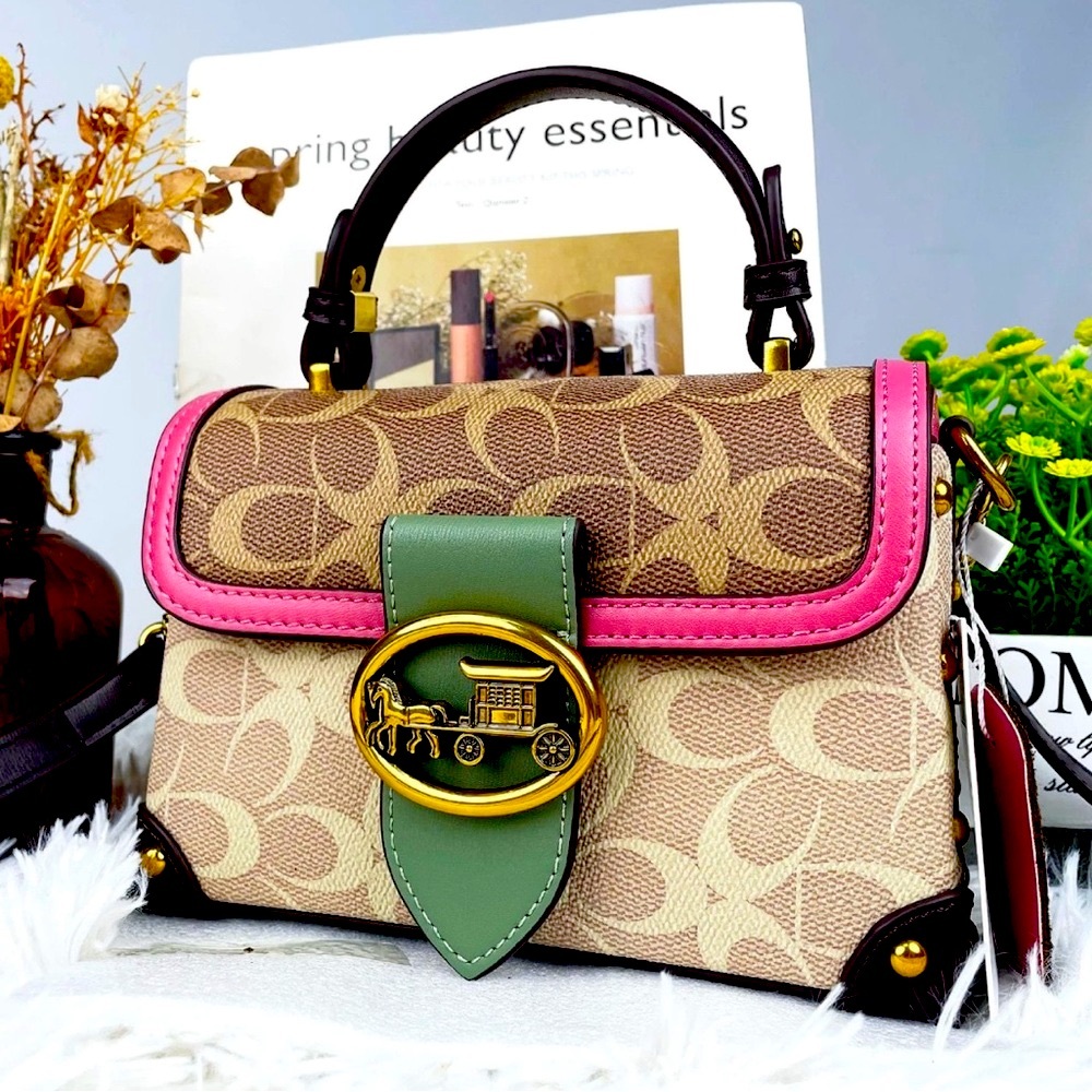 Designer inspired Pink and Brown Satchel with Monogram Snap Closure adorable